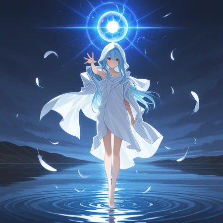 masterpiece, amazing quality, colorful, highre, <lora:raphael-v1-000009:1> ts-raphael, 1other, white hooded_robe, right_bare_shoulders, red eyes, falling feathers, androgynous, reaching towards viewer, (aged up:0.5), full body, reflect, water, energy ball, glowing,
