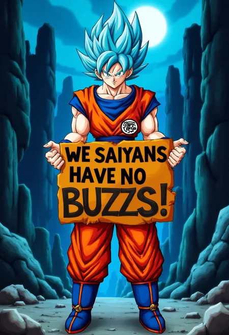 Create an image of Goku in his ssj form, standing confidently. He's holding a large, clearly visible sign in both hands that reads "we saiyans have no buzzs!" The sign should have bold, bright letters to make the message stand out. Goku's hair is blue, his eyes are blue, and he's wearing his iconic orange gi with a blue undershirt and boots. (He is in a dark destroyed city),light area like blue or white on Goku.evil smile,Make sure Goku's expression is exciting, .SSJ1