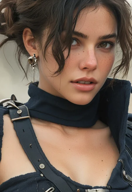 Super Closeup Portrait, Angry Smiling, Mad Max, Exploring new places, XUER Rabbit anthropomorphic, 1girl, Cowboy Bebop, Westworld, cyber 1890, Long DARK Hair, Fargo Style, gunslinger, Cohen Brothers, Italo Western Cowboy, Freckles, unwashed sweaty shirt, dirty, dusty, gun holder, very detailed, uhd, pointing gun to viewer, places, Blushed flushed Smile, woman, Freckles, Large Glass earRings, chunky knit top, nipples, Hair Ornament, very detailed, hd, fluffy Art nouveau Background, foggy, smoke, dimmed backlight, PEHighContrast,