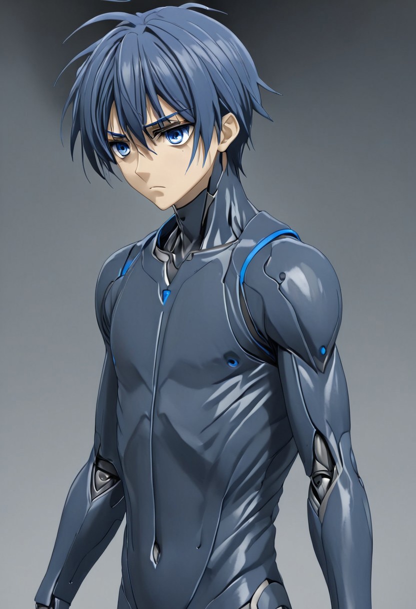 high resolution, solo, best quality, 1Boy, Tomoya Okazaki, Grey Blue Hair, blue eyes, Standing with arms down, expressionless, defeated, compliant,