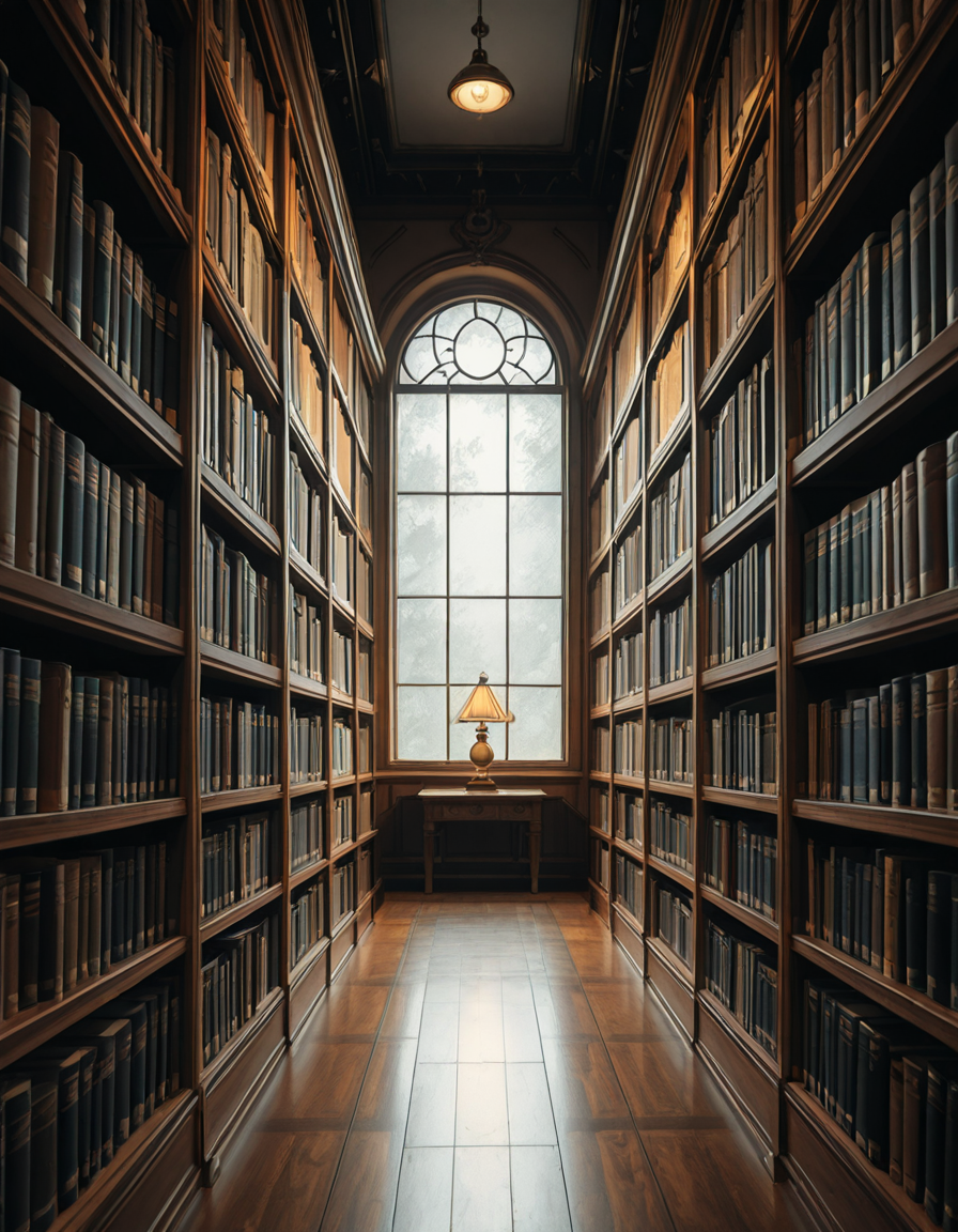 A quiet and dimly lit aisle in a grand university library, lined with tall wooden bookshelves filled with countless books of various sizes and colors. The shelves stretch high, nearly reaching the ceiling, with small ladders placed along the aisle for access to the upper rows. The soft glow of overhead lights casts a warm ambiance, illuminating the dust particles floating in the air. The floor is covered in polished hardwood or a subtle-patterned carpet, absorbing the quiet footsteps of visitors. At the far end of the aisle, a large window lets in a gentle stream of natural light, creating a contrast between the warm artificial glow and the cool daylight. Some books are slightly pulled out from the shelves, and a few are stacked on a nearby wooden table, suggesting recent use. The atmosphere is serene and intellectual, evoking a sense of knowledge, discovery, and timeless academia. The composition is symmetrical, drawing the eye down the center of the aisle, creating depth and perspective.
<lora:SDXLFaeTastic2400:0.4> <lora:extremely_detailed:0.4> extremely detailed, <lora:University_Library_41sl3-ill:1>,University Library 41sl3, Masterpiece,best quality,hi res,8k,hi res,8k,award winning,(sharp focus, intricate, highly detailed),