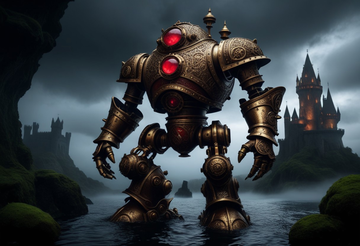 giant bipedal robot brass and dark red, bronze paisley robot. lacy robot metal. diving helmet head. outside of a steampunk keep. large detailed torso. dark image. one forty foot tall ancient robot with great arms and two heavy spring legs. dark foggy night background. $dark foggy night image only. dark photo realistic image. steampunk details. cogs, chains and pipes incorporated in the fantasy buildings. magic wizards tower in background. Dark swamp, moss, castle ruins, wizards tower. stormy dark night.  stormy sky.