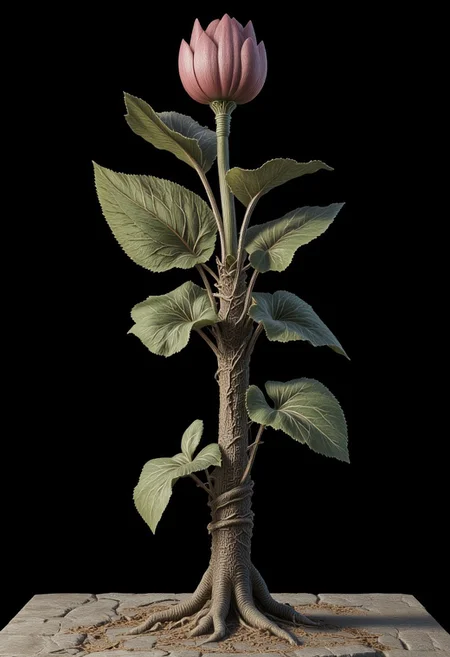 Century Botanical Illustration Style, An illustration of the Cyclamen persicum, highlighting the upswept petals in shades of pink, heart-shaped leaves with intricate variegation, and tuberous root structure, presented with meticulous attention to botanical accuracy and artistic composition.
Standing on a flat ground the camera angle is high rotated
Set against a solid dark black color background to emphasize its unnatural form that emphasizes its silhouette. The medium is not a traditional painting or illustrative medium like watercolor or ink but rather a digital 3D rendering.
MikeFranchinastyle, bbstyle,, horror theme,, ZBClay model of a gray sculpture, zbrush, d4arks0uls, overcast lighting, jedioutfit