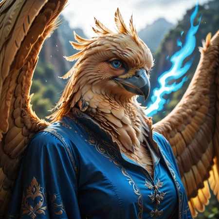 (((beautiful, high quality))), upper Body, score_9, score_8_up, score_7_up, Aarakocra, furry bird, (massive wings:1.2), 1girl, yellow feathers, blue eyes, blue robes, (blue energy:1.1), looking at the viewer, dynamic pose, blurred background, (realistic:1.2), wings down,