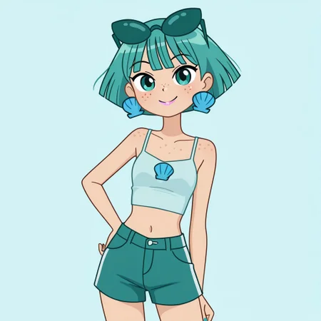 masterpiece, best quality, amazing quality, perfect cute face, on model, accurate art style, cartoon screencap, show accurate, neptunemwatgg, 1girl, solo, freckles, aqua hair, short hair, aqua eyes, light pink lipstick, shell earrings, light blue crop top, aqua shorts, blue toenail polish, open toed shoes, aqua roller skates, aqua sunglasses, sunglasses on head, upper body, cowboy shot, smile, looking at viewer, hand on hip, simple background