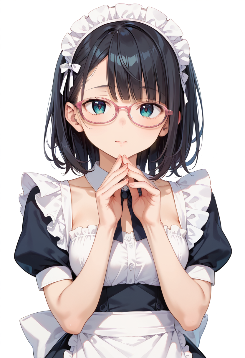 score_9, score_8_up, score_7_up, rating_safe, masterpiece, best quality, absurdres, unity 8k wallpaper, official art, official style, source_anime, uncensored, game cg, megami magazine,
1girl, solo, black hair, medium hair, upper body, covered eyes,maid, maid headdress, black dress, maid apron, face focus,
oval_cell, glasses, still life, white background, simple background, pink-framed eyewear,
 <lora:glasses_OvalCell1_PONY_V1:1>
