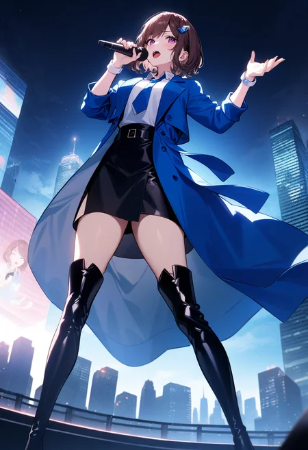 Cocoa-outfit2,standing,stage,dark,night,focused,<lora:cocoaV6-000016:1>,shade,outdoors,holding,microphone,singing,full body,pose,thigh boots,skyline,skyscraper,close-up,long legs,from below,, masterpiece,best quality,very aesthetic,absurdres,incredibly absurdres,,<lora:add_detail:1>,cinematic light,