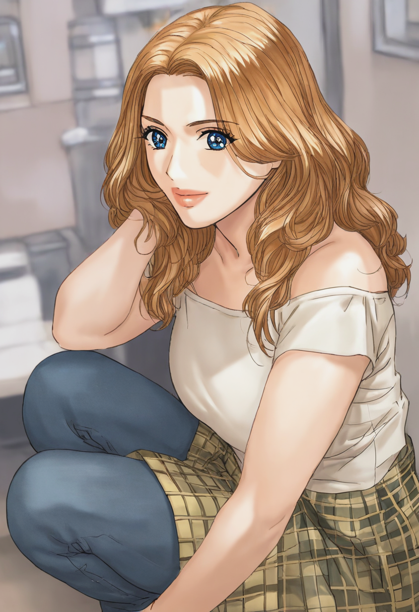 source_anime, score_9, score_8_up, score_7_up, 1girl, mature_female, solo, Squatting, ready to jump, pov, (Olive plaid skirt), blond_hair, cropped shoulders, rating_safe, <lora:sdxl\pony diffusion\artist_styles\tohru_nishimaki_pony:1.0>