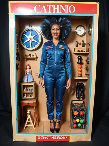 ,score_9, score_8_up, score_7_up, score_6_up, score_5_up, score_4_up, score_9, <lora:inDollBoxQuiron:0.77> makeup, doll box, tuffed toy, toy, doll, indollboxquiron, boxpremiumpackquiron, long hair, looking at viewer, standing, realistic, 1girl, fashion, lipstick, female, 1girl, solo, wide angle, wide shot, full body, stonehenge, at Witching hour, fat, indigo hair, Hairclips, afro twin tail, vermilion eyes, dark skin, dark-skinned female, pilot outfit, medium breasts, laughing,