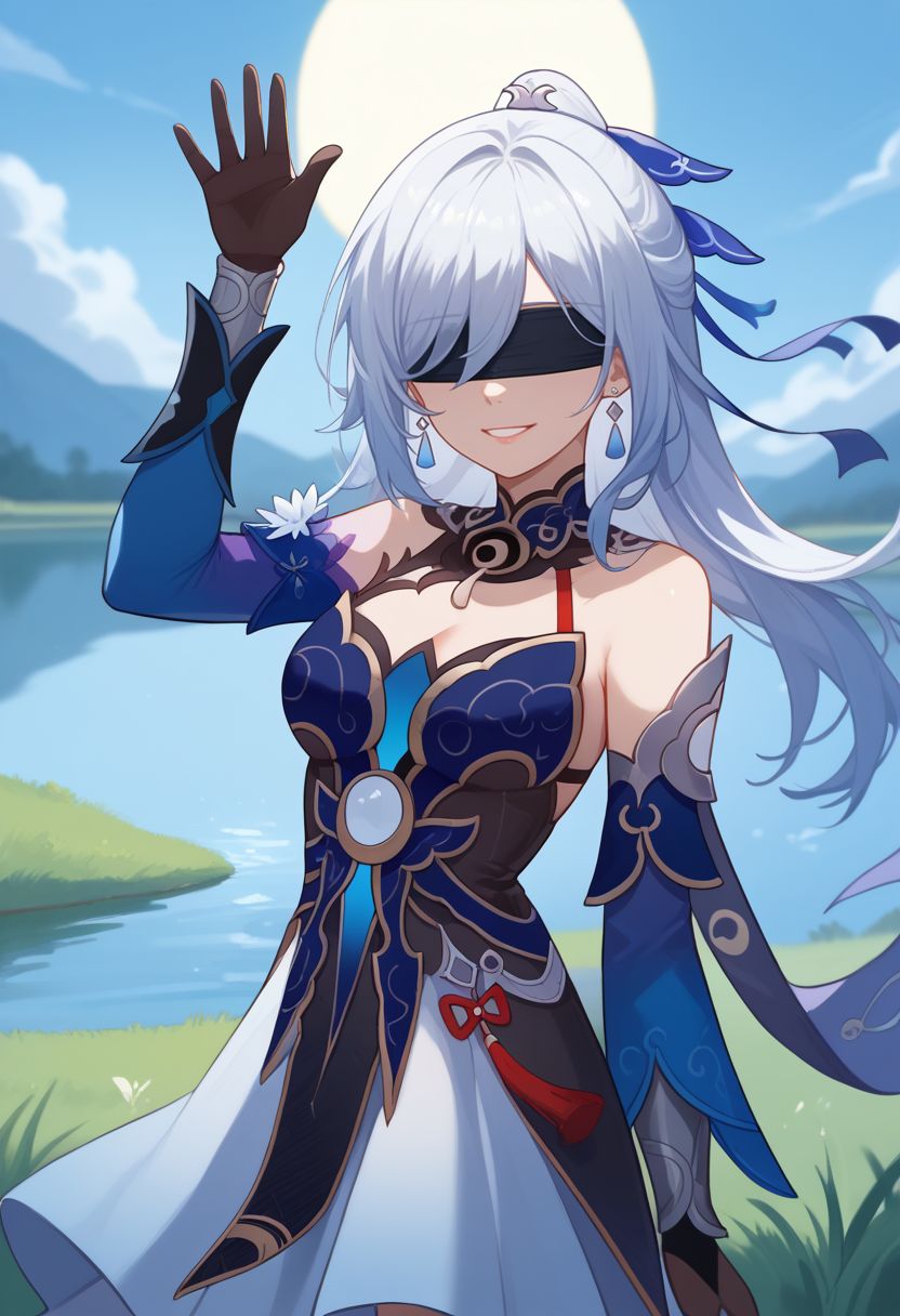 score_9, score_8_up, score_7_up, source_anime, 1girl, jingliudef, black blindfold, covered eyes, white hair, long hair, high ponytail, earrings, jewelry, medium breasts, bare shoulders, detached sleeves, blue sleeves, blue dress, cleavage, black gloves, white skirt, black footwear, boots, smile, standing, waving, looking at viewer, outdoors, lake, grass, sun, upper body, <lora:Jingliu_v1-000010:1>