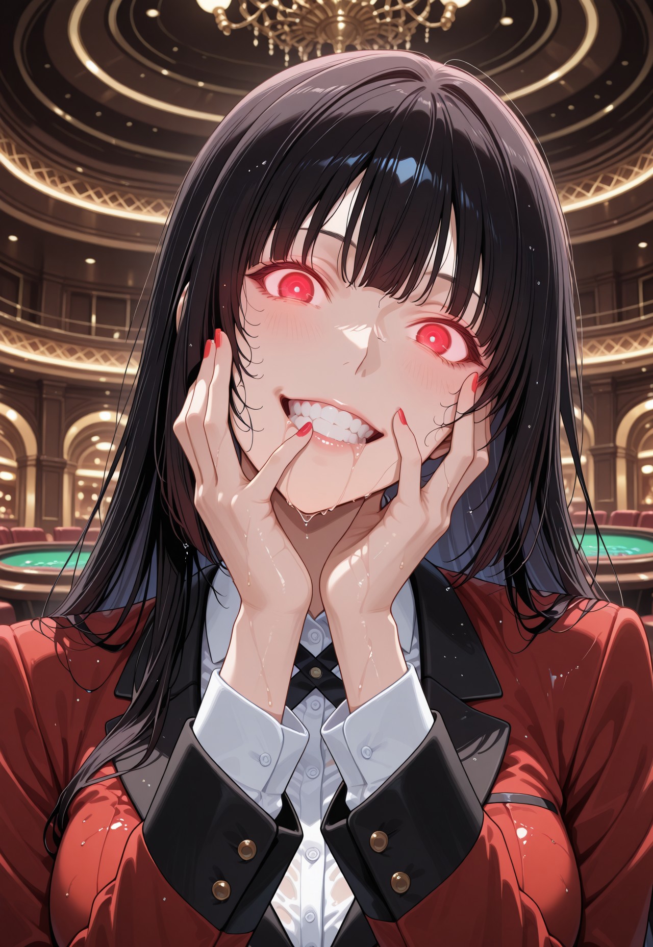 ((Wet body))masterpiece, best quality, amazing quality, highres, absurdres, very aesthetic, high resolution, ultra detailed, perfect details, 1girl, solo, indoors, casino, medium breasts, jabami yumeko, long hair, black hair, bangs, himecut, red eyes, hyakkaou academy school uniform, long sleeves, red nails, nail poilsh, blazer, red jacket, suit jacket, white shirt, collared shirt, black neck ribbon, black skirt, plaid skirt, pleated skirt, black pantyhose, loafers, , (aged up:2), (portrait:1.5),Drool, Saliva, smile, (head tilt:1.2), pose, crazy smile,Teeth, hands on own face, (glowing eyes:1.4),Fixhand,detailed,extreme sex,Crazy eyes, Glowing eyes,close Mouth