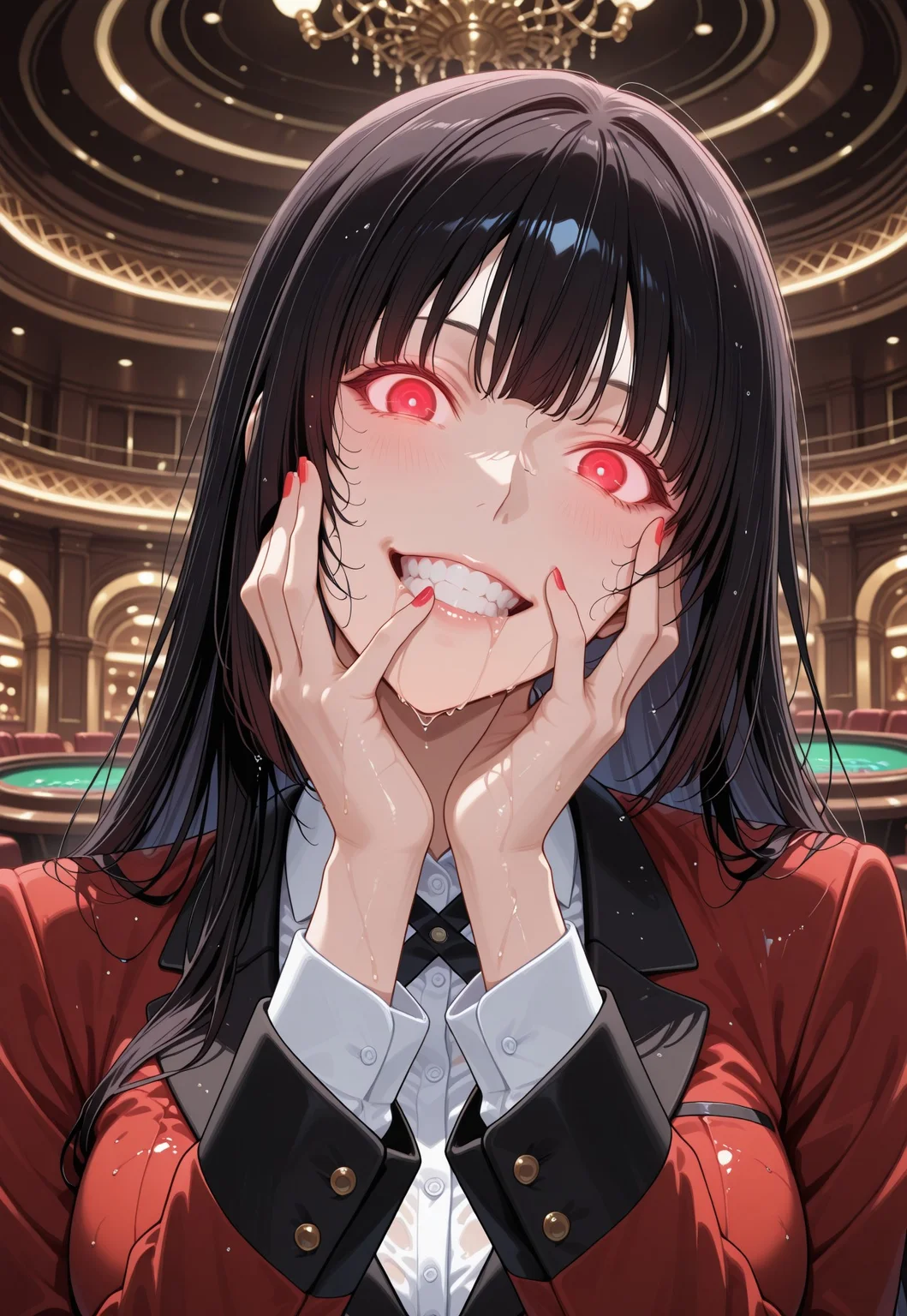 ((Wet body))masterpiece, best quality, amazing quality, highres, absurdres, very aesthetic, high resolution, ultra detailed, perfect details, 1girl, solo, indoors, casino, medium breasts, jabami yumeko, long hair, black hair, bangs, himecut, red eyes, hyakkaou academy school uniform, long sleeves, red nails, nail poilsh, blazer, red jacket, suit jacket, white shirt, collared shirt, black neck ribbon, black skirt, plaid skirt, pleated skirt, black pantyhose, loafers, , (aged up:2), (portrait:1.5),Drool, Saliva, smile, (head tilt:1.2), pose, crazy smile,Teeth, hands on own face, (glowing eyes:1.4),Fixhand,detailed,extreme sex,Crazy eyes, Glowing eyes,close Mouth