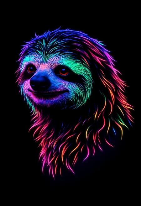 Rainbow glowing neon outline of a happy sloth portrait, on black background
aidmaGlow detailmaximizer