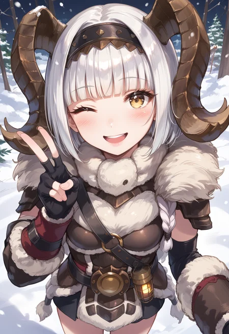 (score_9:0.9),score_8_up,score_7_up,rating_safe,anime style,(zPDXL),<lora:Banbaro beta armor ponyXL v1.2:0.75>,banbaro beta armor,1girl,solo,horn hairband,looking at viewer,smile,white fingerless gloves,open mouth,blush,white hair,yellow eyes,teeth,:d,cowboy shot,blunt bangs,long hair,short hair,snowing,snow,one eye closed,v,from above,
