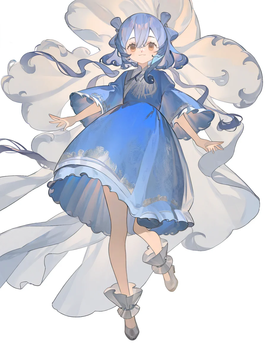 1girl,solo,looking at viewer,simple background,white background,jiangyalu,blue hair,blue dress,brown eyes,smile,<lora:jiangyalu-000014:1>,full body,<lora:fanggeCL-000024:1>,, masterpiece, best quality, very aesthetic, absurdres,newest, incredibly absurdres,