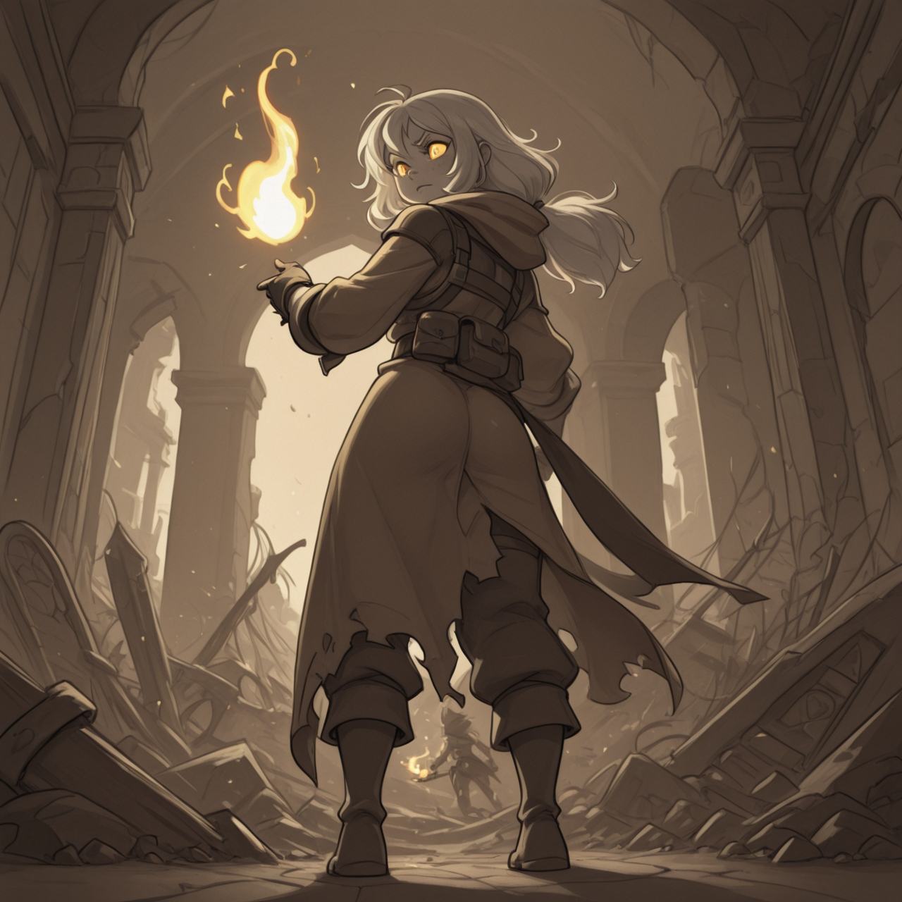 1girl, thief, fantasy, ruins, 
tactical spellcaster, hurling a small flame spell to ignite an approaching swarm of spiders, fiery light reflecting in their determined eyes, from behind view 
 <lora:DarkfireLabs_Splash_of_White:1> monochrome,