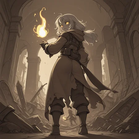 1girl, thief, fantasy, ruins,
tactical spellcaster, hurling a small flame spell to ignite an approaching swarm of spiders, fiery light reflecting in their determined eyes, from behind view
<lora:DarkfireLabs_Splash_of_White:1> monochrome,