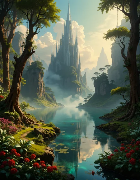hyper realistic and highly detailed, highly dynamic cinematic panorama view, the lake of serenity, a classic gothic baroque fantasy art painting with vibrant colors, digital artwork, illustrative, painterly, matte painting, highly detailed,  atmospheric haze, panoramic zoomed out view, highly dramatic lighting
 <lora:artilands:0.8>