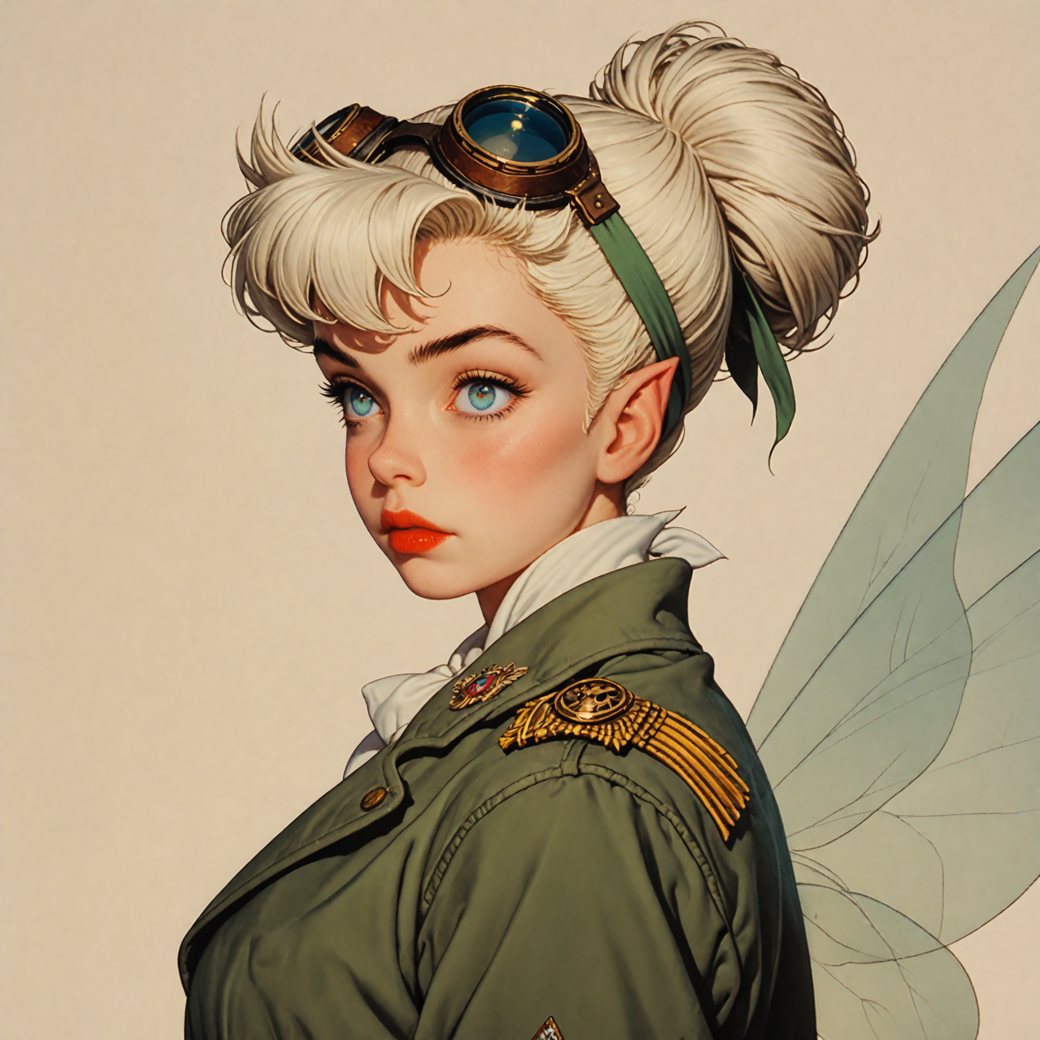 score_9, score_8_up, score_7_up, score_6_up, ArsMJStyle, Colored pencil hyperdetailed realism, 1girl, sideview, Tinkerbell, 1girl, solo, fairy, glowing, blonde hair, single hair bun, pointy ears, makeup, fairy wings, medium breasts, big round eyes, big blue eyes, The image is a portrait of a fairy woman wearing futuristic-looking goggles.  The goggles are green and have a pair of ribbons attached to them. The woman is wearing a green jacket with a white fur collar and a silver scarf tied around her neck. She has a flying skull emblem on her chest. She is also wearing red lipstick and has her hair styled in a bob. The background is a light beige color. The overall style of the image is reminiscent of a vintage or retro aviator or pilot's uniform, close up  <lora:dark:0.15> <lora:PerfectEyesXL:0.7> <lora:xl_more_art-full_v1:0.3>  <lora:Tinkerbell_Peter_Pan_1953:1>  <lora:HyperdetailedColoredPencilV2:1>