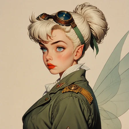 score_9, score_8_up, score_7_up, score_6_up, ArsMJStyle, Colored pencil hyperdetailed realism, 1girl, sideview, Tinkerbell, 1girl, solo, fairy, glowing, blonde hair, single hair bun, pointy ears, makeup, fairy wings, medium breasts, big round eyes, big blue eyes, The image is a portrait of a fairy woman wearing futuristic-looking goggles.  The goggles are green and have a pair of ribbons attached to them. The woman is wearing a green jacket with a white fur collar and a silver scarf tied around her neck. She has a flying skull emblem on her chest. She is also wearing red lipstick and has her hair styled in a bob. The background is a light beige color. The overall style of the image is reminiscent of a vintage or retro aviator or pilot's uniform, close up  <lora:dark:0.15> <lora:PerfectEyesXL:0.7> <lora:xl_more_art-full_v1:0.3>  <lora:Tinkerbell_Peter_Pan_1953:1>  <lora:HyperdetailedColoredPencilV2:1>