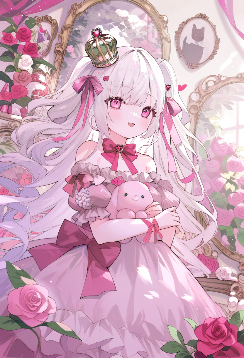 score_9, score_8_up, score_7_up, score_6_up, <lora:oninekoXL_TPN55_lokr_V43P1:0.95>   1girl, crown, dress, stuffed toy, flower, solo, mirror, stuffed animal, long hair, rose, pink eyes, pink dress, mini crown, stuffed rabbit, ribbon, looking at viewer, blush, pink rose, bow, pink ribbon, holding, pink flower, white hair, pink bow, off-shoulder dress, short sleeves, holding stuffed toy, hair ribbon, puffy sleeves, smile, off shoulder, frills, open mouth, picture frame, white flower, two side up, bare shoulders, frilled dress, puffy short sleeves, hair ornament, very long hair