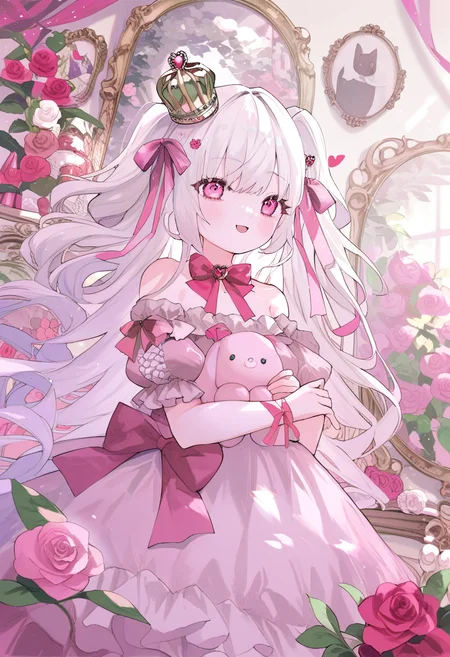 score_9, score_8_up, score_7_up, score_6_up, <lora:oninekoXL_TPN55_lokr_V43P1:0.95> 1girl, crown, dress, stuffed toy, flower, solo, mirror, stuffed animal, long hair, rose, pink eyes, pink dress, mini crown, stuffed rabbit, ribbon, looking at viewer, blush, pink rose, bow, pink ribbon, holding, pink flower, white hair, pink bow, off-shoulder dress, short sleeves, holding stuffed toy, hair ribbon, puffy sleeves, smile, off shoulder, frills, open mouth, picture frame, white flower, two side up, bare shoulders, frilled dress, puffy short sleeves, hair ornament, very long hair