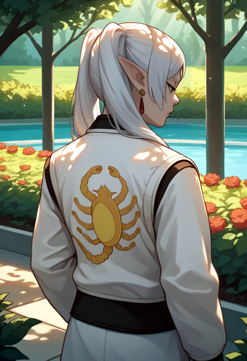 score_9, score_8_up, score_7_up, source_anime BREAK <lora:drivejacket-outfit-richy-v1_pdxl:0.8> print jacket, white jacket, 1girl, solo, from behind,  <lora:CHAR-FrierenPonyXL:1> frieren, white hair, long hair, twintails, earrings, garden, outdoors, standing, serene, dappled sunlight, outdoors, tree shade, sunbeam, sunlight