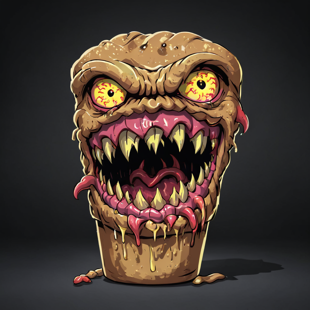 <lora:monster_foodXL:0.8>,monster_food, 
no humans, open mouth, solo, ellow eyes, tongue, fangs