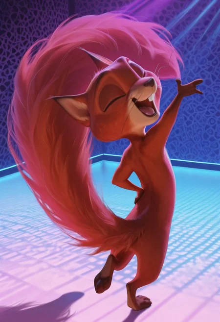 masterpiece, absurdres, amazing quality, photorealistic, ultra-detailed, solo, male focus, from above, high-angle view, from behind, rear view, chibi, furry male, 1boy, chip_superpet, red fur, eyes closed, turning head, crooked whiskers, chipped tooth, buck teeth, open mouth, happy, tongue, teeth, fluffy tail, slim, tiny waist, body fur, brown hands, reclining, standing, full body, looking at viewer, leg up, dancing, standing on one leg, pawpads, hand on hip, arm up, outstretched arm, naked, no anus, dancing, long tail,
BREAK
psychedelic background, patterned background, nightclub, dancefloor, neon lights, oversized object, g0thic, neon, shadow, detailed shading, underlighting, WaiIL25PosC