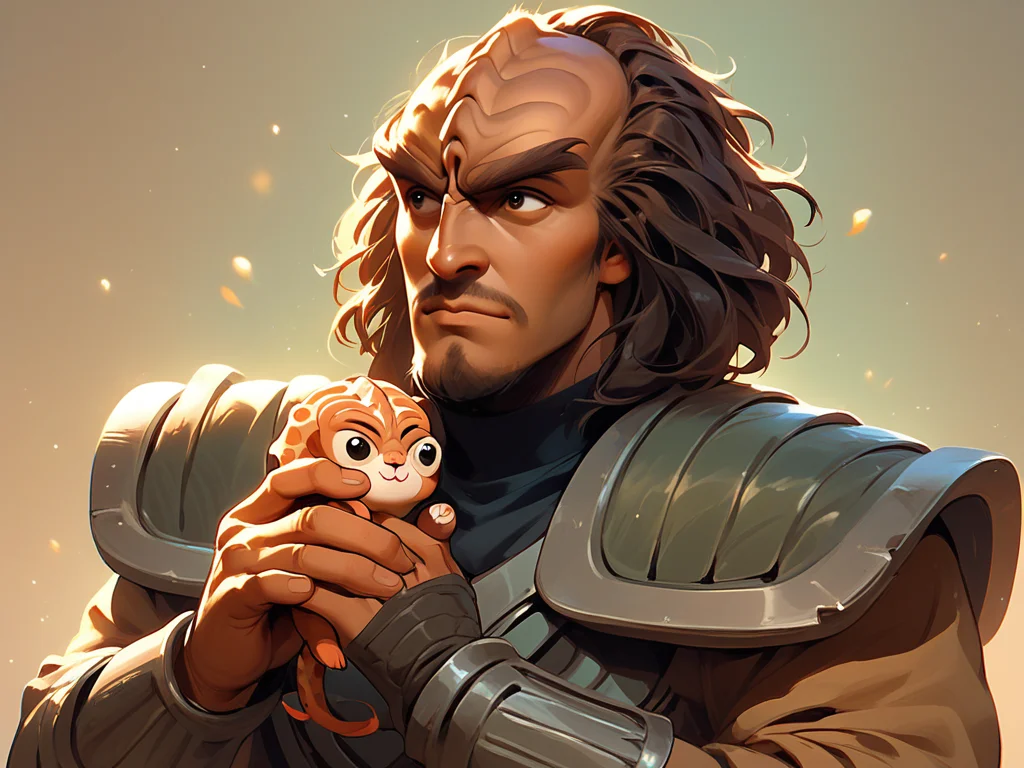 holding a cute kitten <lora:Klingon_v2_pony:1> score_9,score_8_up,score_7_up,score_6_up,score_5_up,score_4_up , 1man, kling0n alien, large forehead ridges, brown skin, large eyebrows, wearing warrior armor,