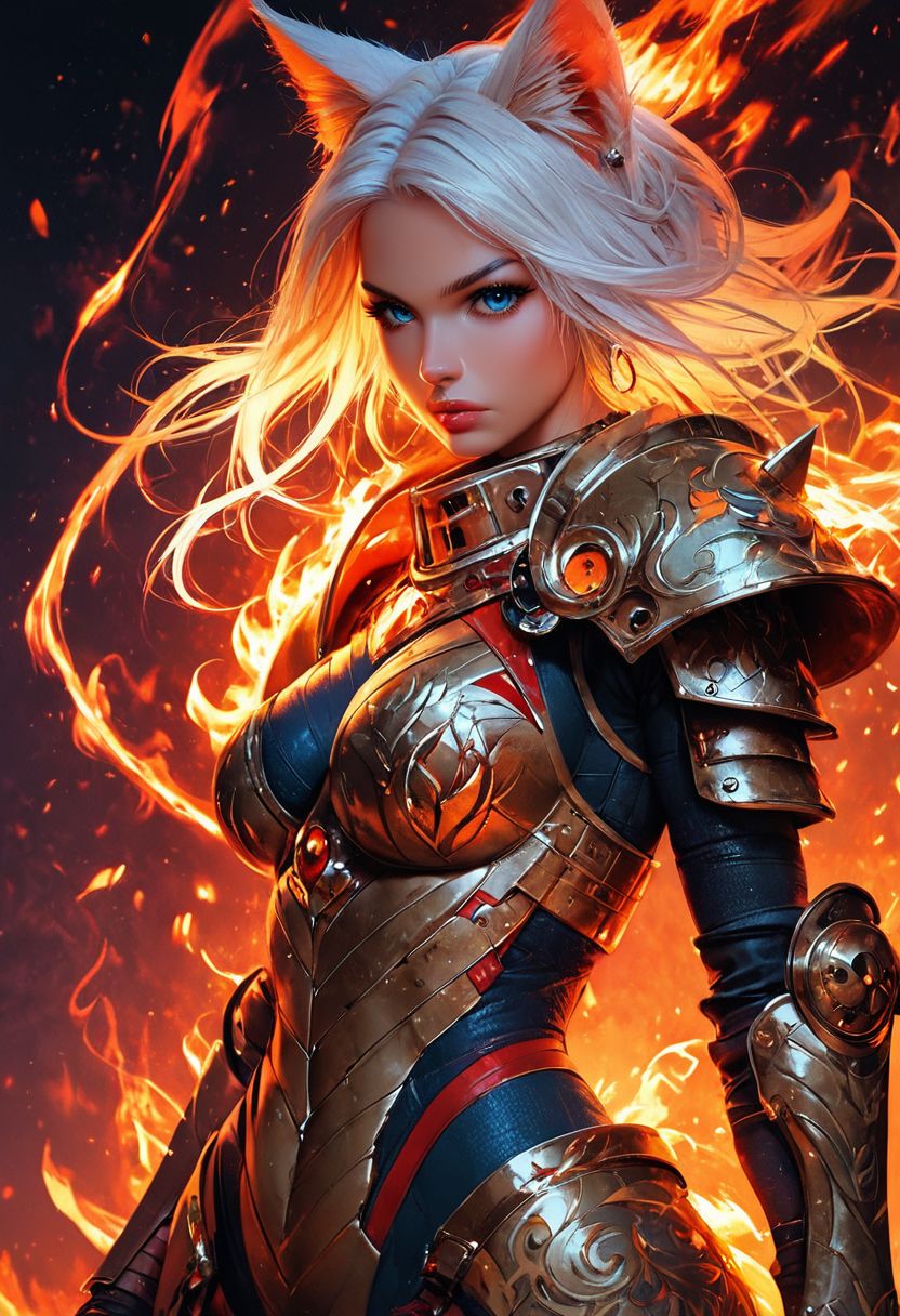 score_9, score_8_up, score_7_up,Score_9, Score_8_up, Score_7_up, hyper detailed, hyper realistic, 8k, high quality, high resolution, best quality, absurd resolution, natural lighting,<lora:EpicF1reP0ny:0.8>, 1 foxgirl,  fox ears, fox tail with flames,armor with flames, big breast,weapon , solo, shoulder armor, blue eyes, pauldrons, white hair, looking at viewer, power armor, fire, HD, high detail, 8k, < lora: pony /twilight_style : 0.8 > concept art, realistic <lora:pony/expressionh:0.8 >,