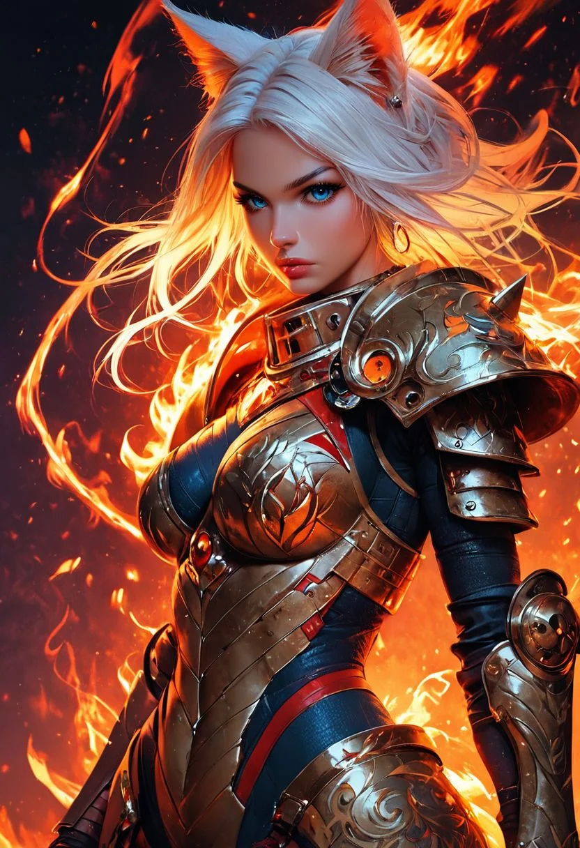 score_9, score_8_up, score_7_up,Score_9, Score_8_up, Score_7_up, hyper detailed, hyper realistic, 8k, high quality, high resolution, best quality, absurd resolution, natural lighting,<lora:EpicF1reP0ny:0.8>, 1 foxgirl, fox ears, fox tail with flames,armor with flames, big breast,weapon , solo, shoulder armor, blue eyes, pauldrons, white hair, looking at viewer, power armor, fire, HD, high detail, 8k, < lora: pony /twilight_style : 0.8 > concept art, realistic <lora:pony/expressionh:0.8 >,