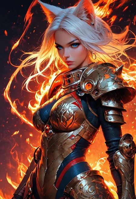 score_9, score_8_up, score_7_up,Score_9, Score_8_up, Score_7_up, hyper detailed, hyper realistic, 8k, high quality, high resolution, best quality, absurd resolution, natural lighting,<lora:EpicF1reP0ny:0.8>, 1 foxgirl, fox ears, fox tail with flames,armor with flames, big breast,weapon , solo, shoulder armor, blue eyes, pauldrons, white hair, looking at viewer, power armor, fire, HD, high detail, 8k, < lora: pony /twilight_style : 0.8 > concept art, realistic <lora:pony/expressionh:0.8 >,
