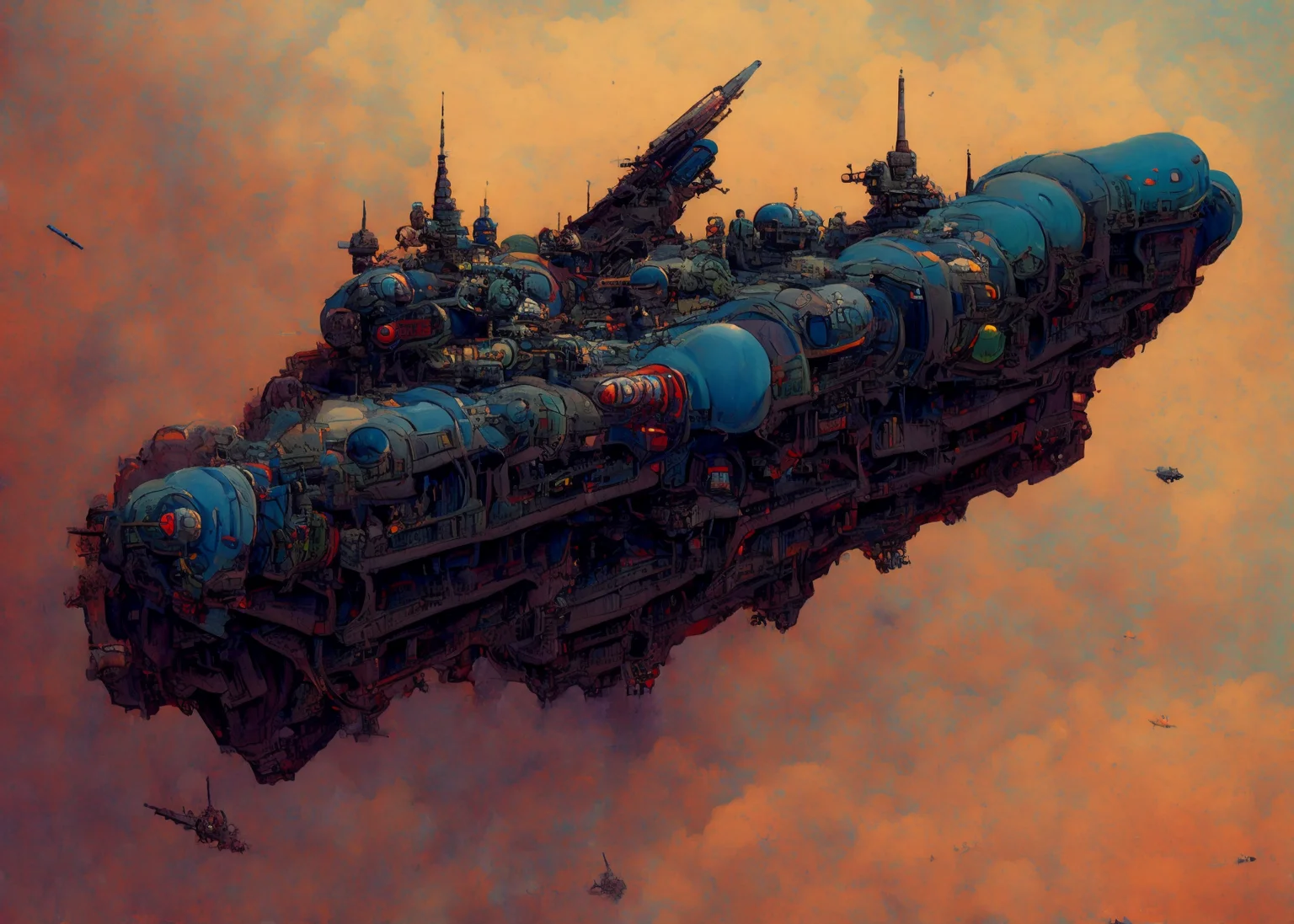 textless, JovianSkyship, jovian-skyship firing broadside artillery, turrets, cannon firing, smoke