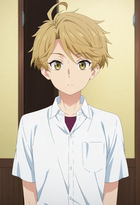 masterpiece, best quality, , anime screencap, anime coloring, , looking at viewer, 1boy, solo, male focus, <lora:yuuma_nikaidou_ilxl:0.92>, yuuma_nikaidou, blonde hair, yellow eyes, short hair, ahoge, ,