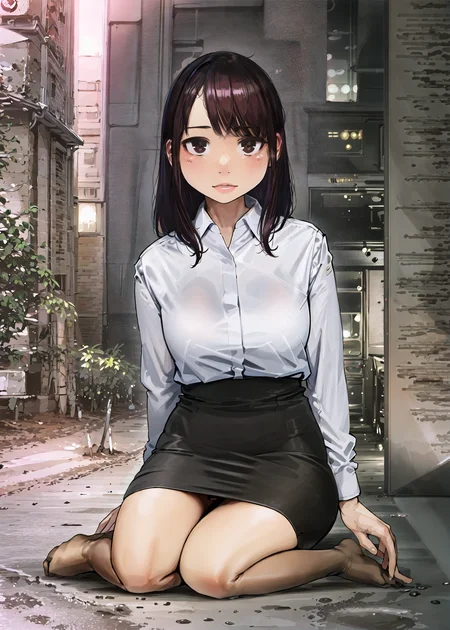masterpiece, best quality, ultra-detailed, illustration, 1girl, looking at viewer, city background, pink hair, yomu \(sgt epper\), <lora:YomStyle-000010:1>