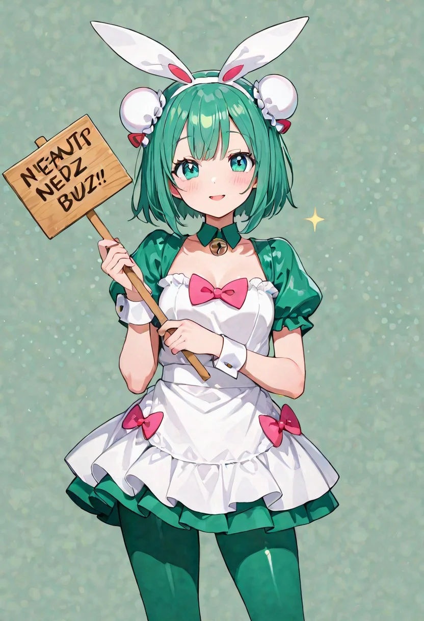 (holding sign with text "need buzz", )beautiful light.(background is kawaii Pokemon with dreaming Happiness world) droopy masterpiece, best quality, very aesthetic,beautiful light, beautiful Green shadow.