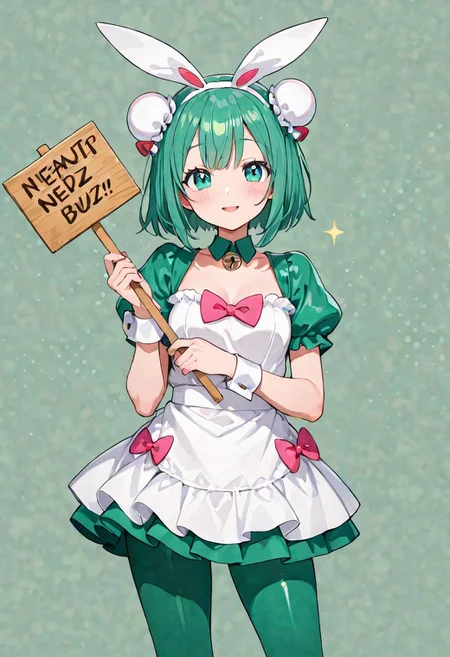 (holding sign with text "need buzz", )beautiful light.(background is kawaii Pokemon with dreaming Happiness world) droopy masterpiece, best quality, very aesthetic,beautiful light, beautiful Green shadow.