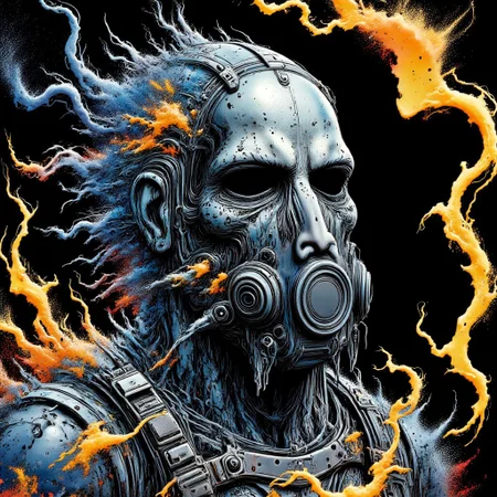 Zombie soldier wearing a biohazard gas mask, black and gold filigree, navy and gold vapor swirls, details in details