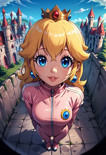 Score_9_up, rating_safe, no humans, fisheye, from above, full body, standing, princess peach, blue eyes, bikesuit, bodysuit, cute, parted lips, smile, crown, arms behind back, looking at viewer, castle, sky