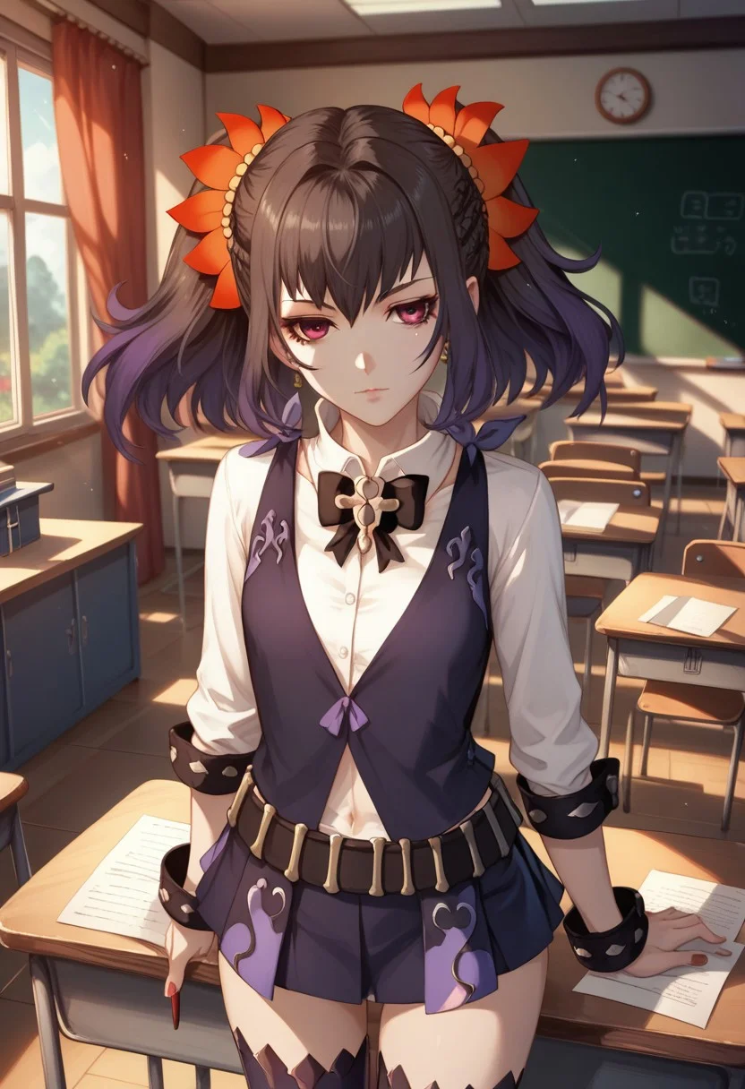 score_9_up, score_8_up, score_7_up, extreamly detailed, beautiful detailed face, complex detailed background, completely clothes, BREAK,
1girl, SYMONNE (TALES OF ZESTIRIA), student uniform, classroom