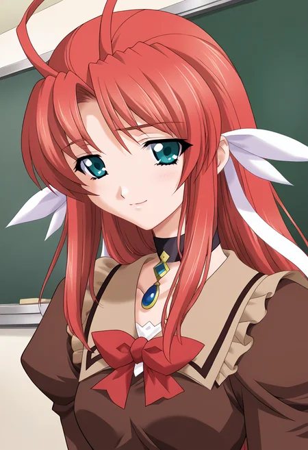 score_9, score_8_up, score_7_up, score_6_up, score_5_up, score_4_up, masterpiece, source_anime, 1girl, c tear, long hair, red hair, antenna hair, aqua eyes, hair ribbon, brown dress, choker, red bowtie, blue brooch, juliet sleeves, long sleeves, beige bow, indoors, chalkboard, day, depth of field, upper body, looking at viewer, light smile,
