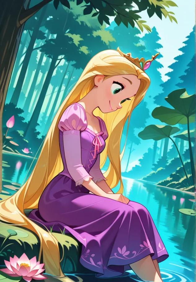 masterpiece, best quality, amazing quality, very aesthetic, absurdres, newest, detailed background, cowboy shot, outdoors, dynamic angle, perfect eyes, beautiful eyes,
rapunzelxd, 1girl, blonde hair, solo, barefoot, very long hair, sitting, flower, lily pad, crown, nature, smile, purple dress, water, lotus, pond, outdoors, soaking feet, tiara, forest, princess, long sleeves, day, tree
<lora:Rapunzel_-_Disney_Illustrious:1>