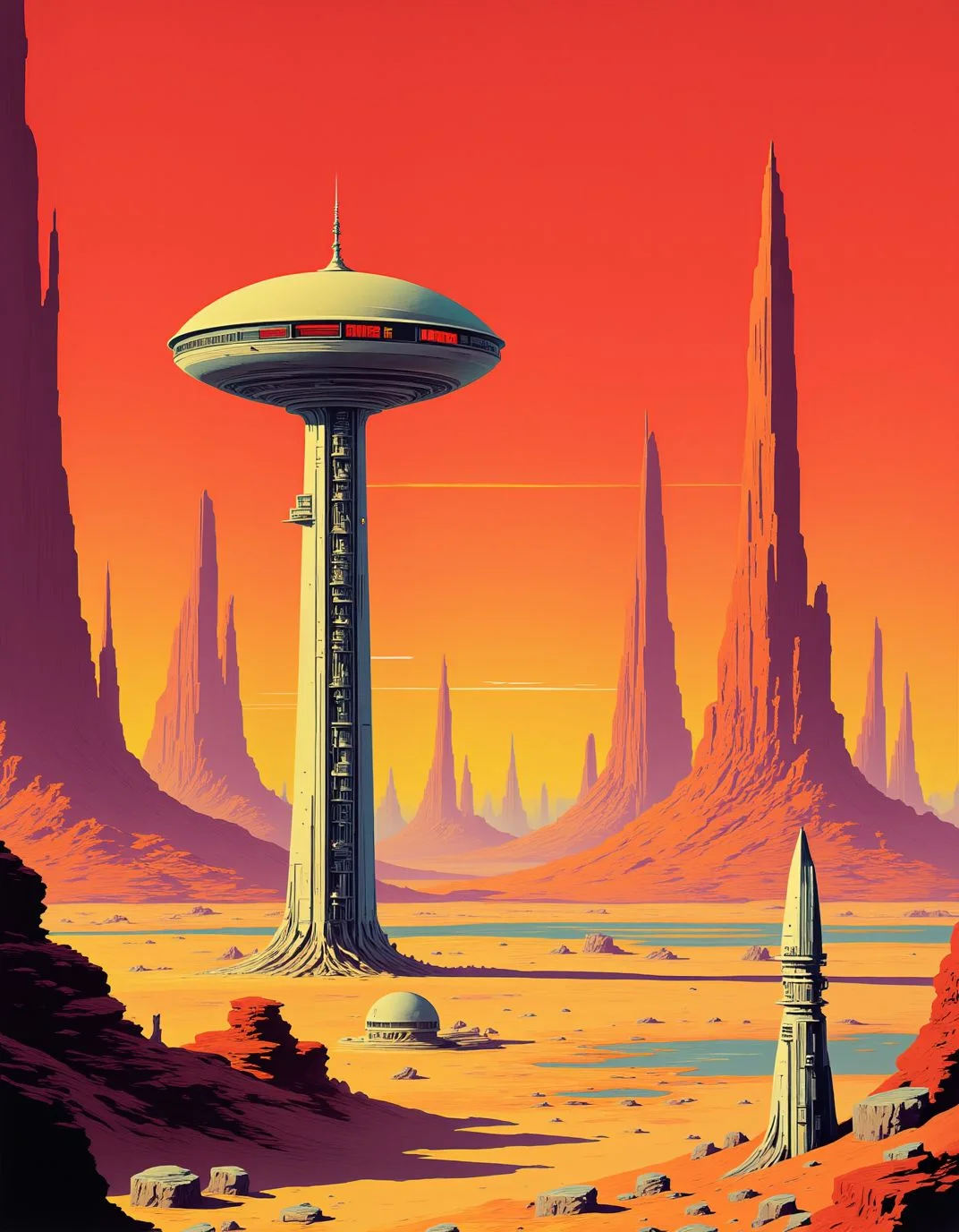 <lora:ck-70sScifi:1>, ck-70scf,
a control tower on a planet. red and yellow color palette, canyons and a lake in the background