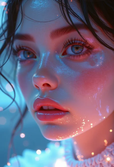 This is a highly detailed, digital illustration of a young woman with a striking, ethereal appearance. The artwork is rendered in a hyper-realistic, photorealistic digital medium, showcasing intricate details and vibrant colors. The subject has a fair, porcelain-like skin with a radiant glow, particularly evident on her face. Her eyes are almond-shaped, large, and expressive, with a captivating gaze that draws the viewer in.