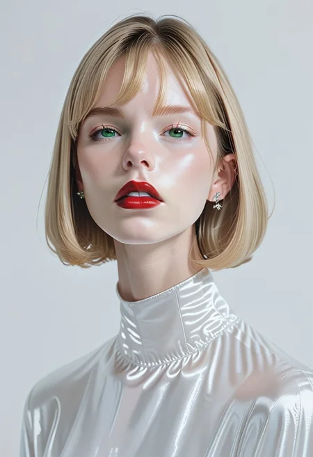score_9, score_8_up, score_7_up, BREAK, ctdrm, dreamy, 1girl, solo, belatricepamford, jewelry, streetwear, earrings, portrait, parted lips, lips, simple background, red lips, short hair, green eyes, pale skin, light blush, soft lighting, ethereal mood