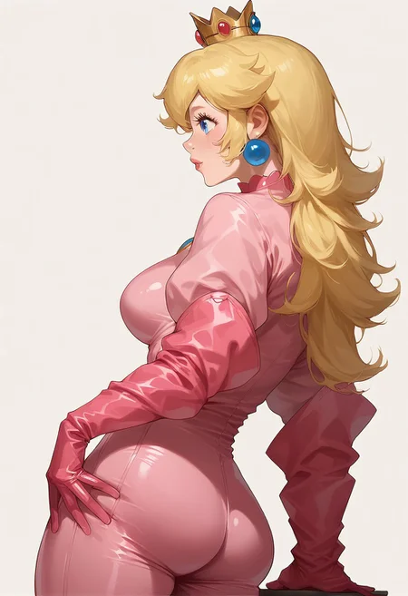 Score_9, score_8_up, score_7_up, best quality, Oversized gloves, pink gloves, 1girl, from side, PRINCESS peach, pink latex bodysuit, hand on own ass,