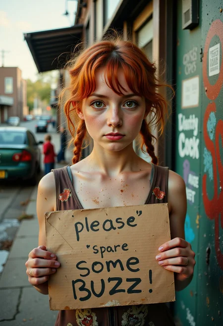 poor dirty young girl on a dirty dingy street corner begging, she is holding a sign that reads "please spare some buzz" written in marker, she has messy air and dirty clothes, her face is also dirty. She has red messy hair and bright green eyes with a sad look on her face. Her eyes convey her desperation and longing for buzz. 0y5top1a8e, dystopian, desolate, run down, dirty, filthy, greasy, oily, stained, gross, disgusting. Longing eyes, sad eyes, desperate eyes, look of despair, look of desperation.