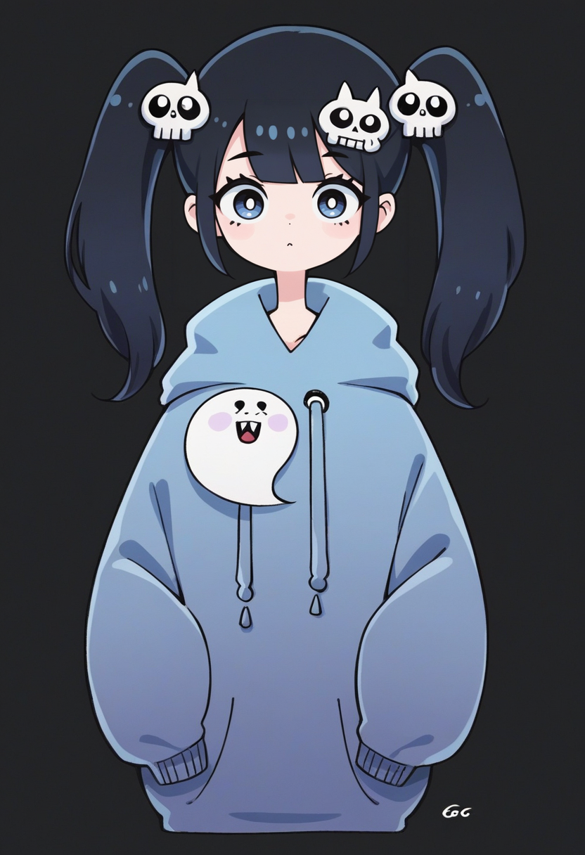 score_9, score_8_up, score_7_up, score_6_up, score_5_up,  garouma, 1girl, black hair, twintails, ghost, hood, hair ornament, solo, long hair, blue eyes, hoodie, long sleeves, upper body, skull hair ornament, black background, signature, bright pupils, hood down, white pupils, bangs, sleeves past wrists <lora:garoumaXLP:1>