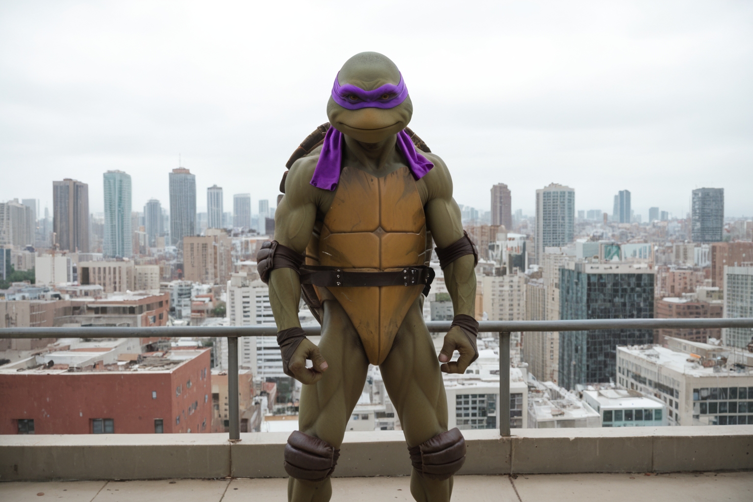 score_9, score_8_up, score_7_up, rating_safe, masterpiece, high quality, ((realistic, source_IRL)), BREAK, TMNTGroup, ((a group of four teenage mutant ninja turtles)), with red and blue and orange and purple bandana masks with eye-holes, standing on a city rooftop during the day, skyscrapers and rooftops and day sky in the background, <lora:TMNT_AIO_Pony:1>